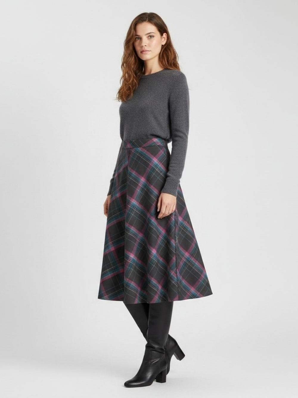 Jones New York Plaid A-Line Skirt Pink Teal Blue Tartan Fit Flare Size 12